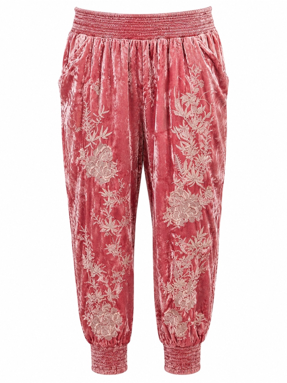 Anthropologie Pink Velvet Embroidered Jogger Pants 2X